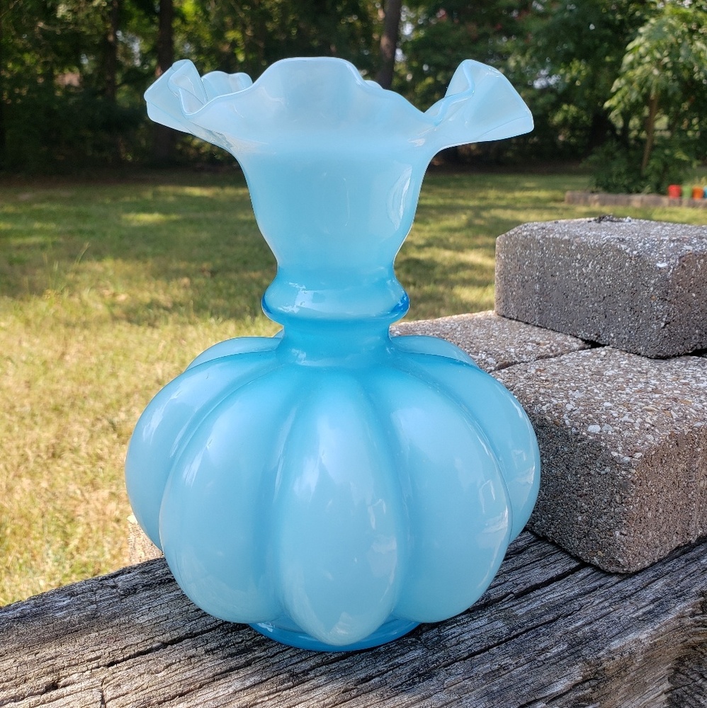 Fenton Art Glass melon blue-overlay ruffled vase